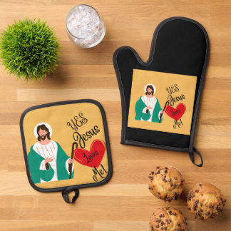 Ensemble De Gant De Cuisine Et De Manique Le jaune "Oui, Jésus m'aime" 