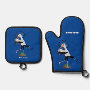 Ensemble De Gant De Cuisine Et De Manique Le mignon secrétaire oiseau écrire des notes dessi