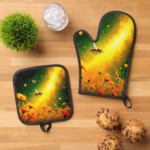 Ensemble De Gant De Cuisine Et De Manique Le pollen doré des abeilles explose Joy Design