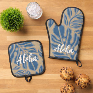 Ensemble De Gant De Cuisine Et De Manique Leaf Tiki Indigo Blue Hawaiian Tropical