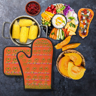 Ensemble De Gant De Cuisine Et De Manique Légumes-dindes et tournesols orange
