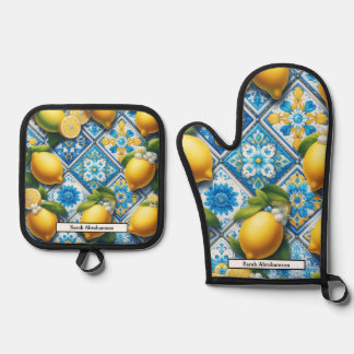 Ensemble De Gant De Cuisine Et De Manique Lemon Amalfi Coast Diamonds