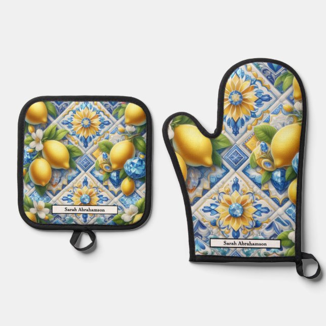 Ensemble De Gant De Cuisine Et De Manique Lemon Amalfi Coast Diamonds (Recto)