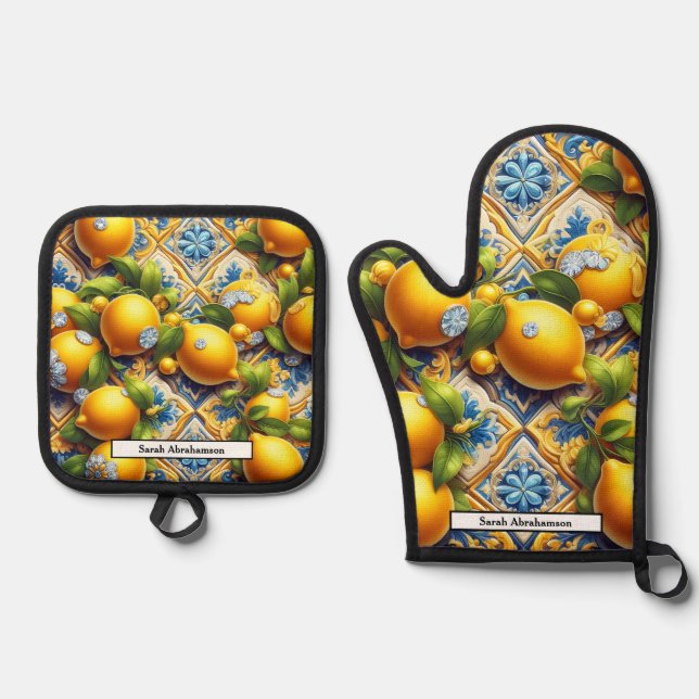 Ensemble De Gant De Cuisine Et De Manique Lemon Amalfi Coast Diamonds Mediterranean (Recto)