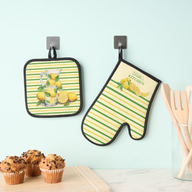 Ensemble De Gant De Cuisine Et De Manique Lémonade aux rayures jaune et vert (In situ (suspendu))