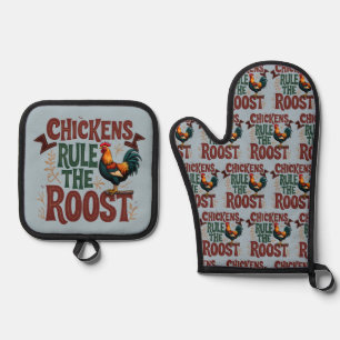 Ensemble De Gant De Cuisine Et De Manique Les poulets gouvernent la ferme rustique la plus p