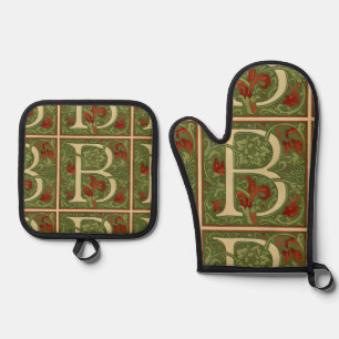 Ensemble De Gant De Cuisine Et De Manique Lettre B à monogramme de William Morris Fleur roug