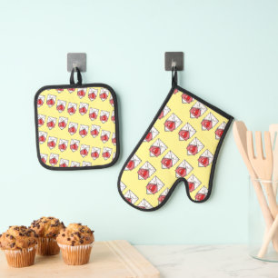 Ensemble De Gant De Cuisine Et De Manique Lettres d'amour motif sur jaune