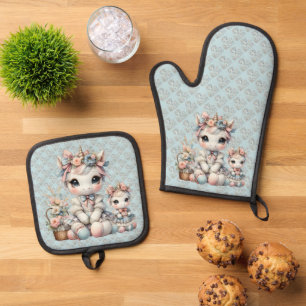 Ensemble De Gant De Cuisine Et De Manique Licorne Kawaii Pastel Duo Mère Fille Bleu