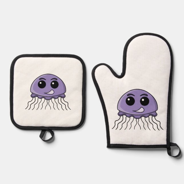Ensemble De Gant De Cuisine Et De Manique Lilac Jellyfriend Cartoon (Recto)