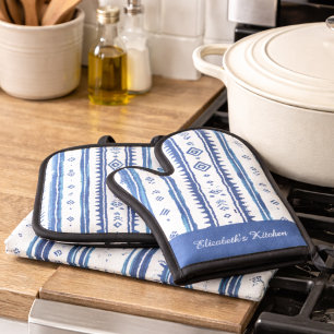 Ensemble De Gant De Cuisine Et De Manique Linge de cuisine inspiré du Japon, bleu et blanc