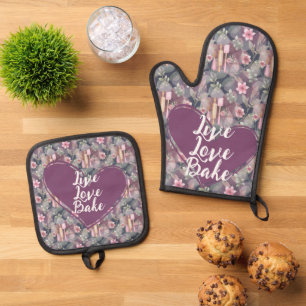 Ensemble De Gant De Cuisine Et De Manique Live Love Bake Floral rose violet Motif élégant