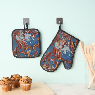 Ensemble De Gant De Cuisine Et De Manique Livre antique marbré (bleu)