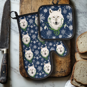 Ensemble De Gant De Cuisine Et De Manique Loup Arctique Blanc Mystique Neige Bleue Galanthus