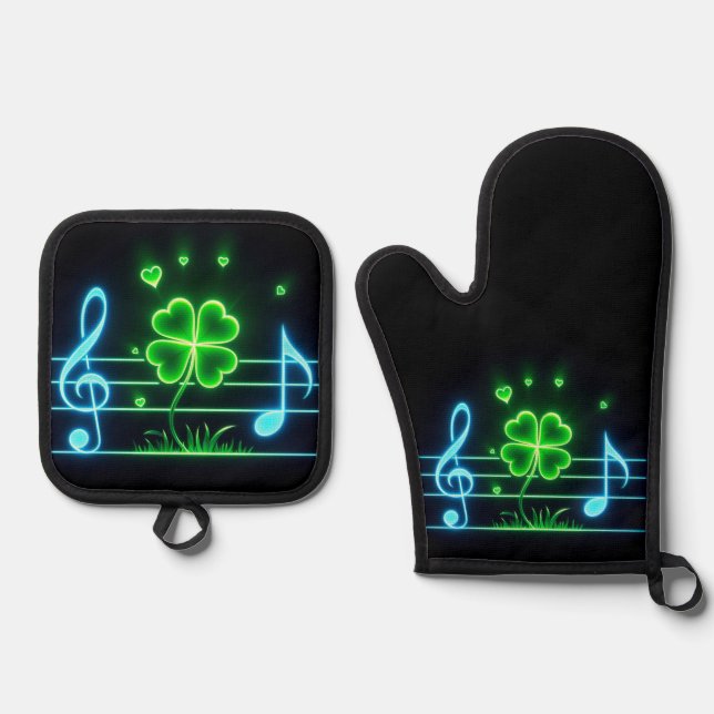 Ensemble De Gant De Cuisine Et De Manique Lucky Clover et notes musicales (Recto)