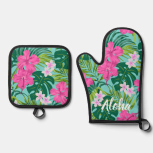 Ensemble De Gant De Cuisine Et De Manique Luna Hibiscus Garden Hawaiian - Rose et Turq