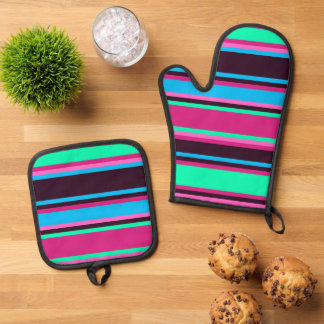 Ensemble De Gant De Cuisine Et De Manique Magenta, Aqua et ensemble Mitt à four à rayures bl