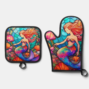 Ensemble De Gant De Cuisine Et De Manique Magnifique sirène vitrail art puzzle