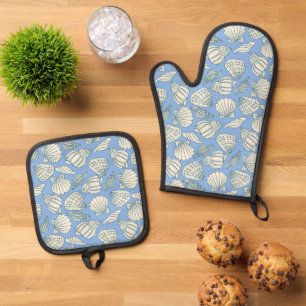 Ensemble De Gant De Cuisine Et De Manique Maison de plage coquillage bleu cottage
