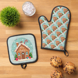 Ensemble De Gant De Cuisine Et De Manique Maison en pain d'épices de Whimsical scène de Noël