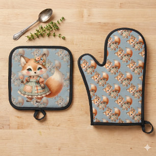 Ensemble De Gant De Cuisine Et De Manique Maisonnette Capriceuse Florale Pastel Renard