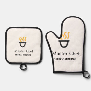 Ensemble De Gant De Cuisine Et De Manique Maître chef ajouter nom poêle noir feu fumée co