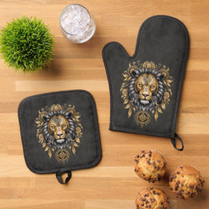 Ensemble De Gant De Cuisine Et De Manique Majestic tête de lion doré avec crinière noire.