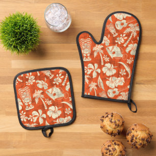 Ensemble De Gant De Cuisine Et De Manique Makapuu Beach Hawaiian Batik Orange