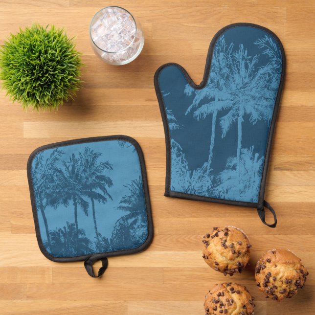Ensemble De Gant De Cuisine Et De Manique Makena Beach Hawaiian Sketchy Palms Blue (De haut en bas)