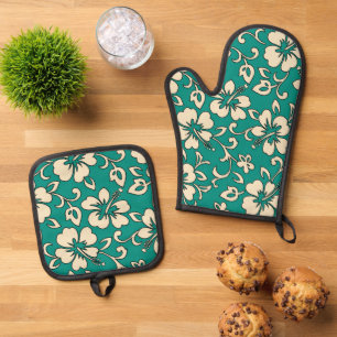 Ensemble De Gant De Cuisine Et De Manique Malia Hawaii Hibiscus Floral Jade
