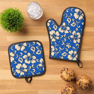 Ensemble De Gant De Cuisine Et De Manique Malia Hawaii Hibiscus Floral Royal