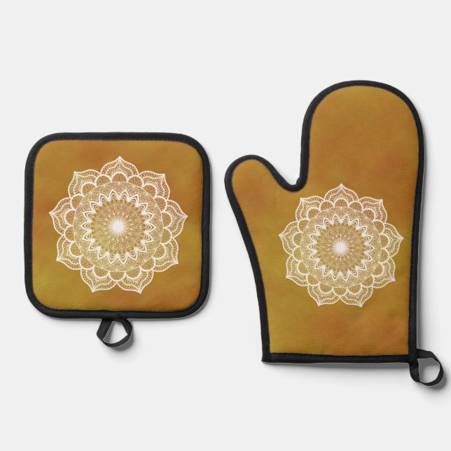 Ensemble De Gant De Cuisine Et De Manique Mandala blanc sur fond doré (Recto)