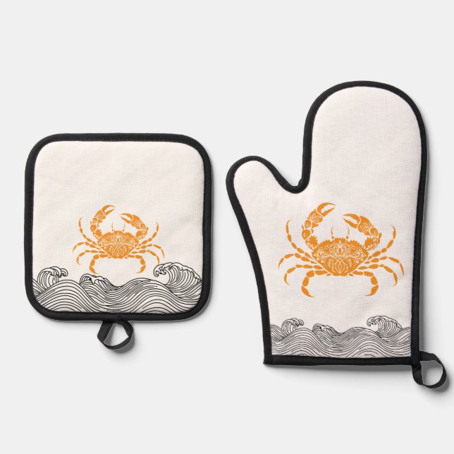 Ensemble De Gant De Cuisine Et De Manique Mandala Crab  – Coastal Orange Kitchen (Recto)