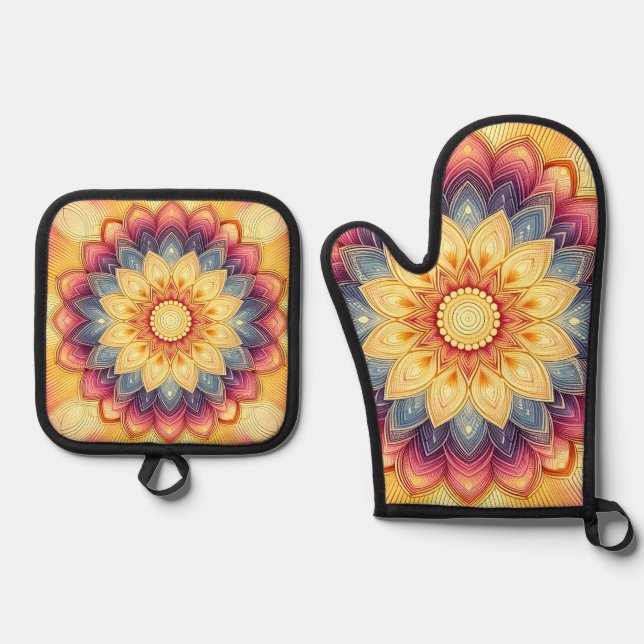 Ensemble De Gant De Cuisine Et De Manique Mandala Gants au four (Recto)