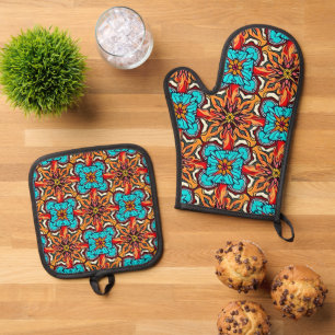 Ensemble De Gant De Cuisine Et De Manique Mandala Répétitif Floral Vibrant Art