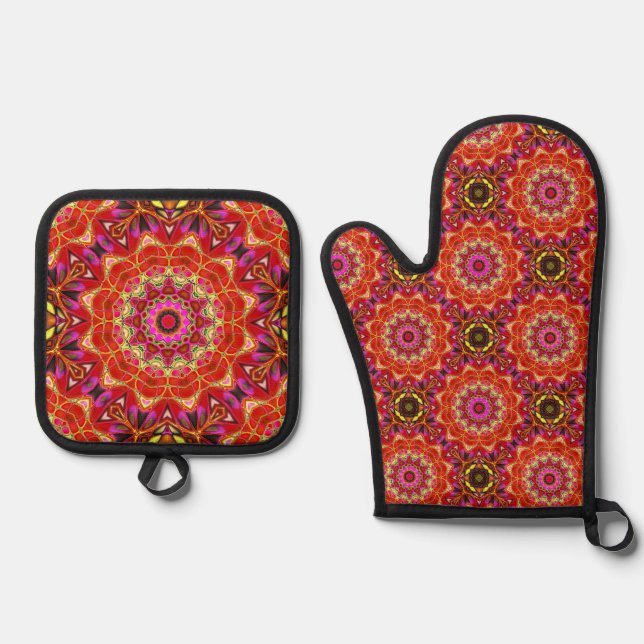 Ensemble De Gant De Cuisine Et De Manique MANDALA rouge  (Recto)