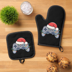 Ensemble De Gant De Cuisine Et De Manique Manette de jeu vidéo chapeau de Noël Santa Gamer
