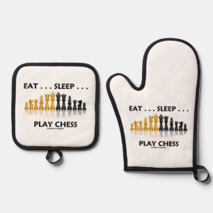 Ensemble De Gant De Cuisine Et De Manique Manger... Dormir... Jouer jeu d'échecs reflet jeu