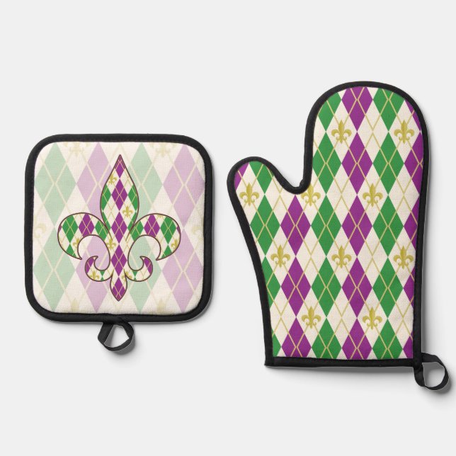 Ensemble De Gant De Cuisine Et De Manique Mardi Gras Argyle (Recto)