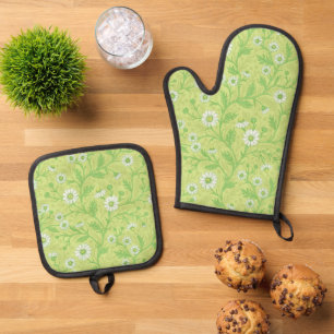 Ensemble De Gant De Cuisine Et De Manique Marguerites en blanc et vert sur fond vert miel