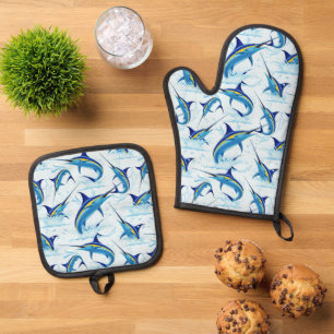 Ensemble De Gant De Cuisine Et De Manique Marlin Bleu Jaillissant de l'Océan