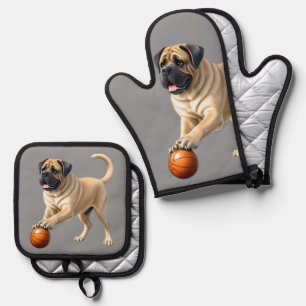 Ensemble De Gant De Cuisine Et De Manique Mastiff Dogue Anglaise avec ballon en vacances