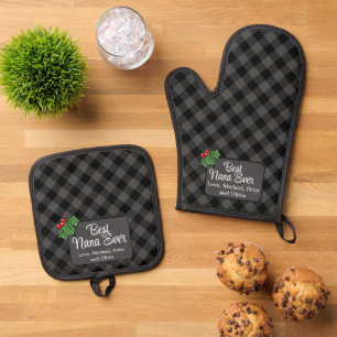 Ensemble De Gant De Cuisine Et De Manique Meilleure maman de Noël classique gris Plaid Holly