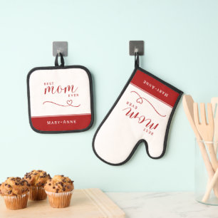 Ensemble De Gant De Cuisine Et De Manique Meilleure maman Toujours rouge et blanc