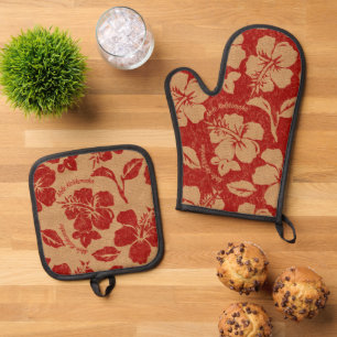Ensemble De Gant De Cuisine Et De Manique Mele Kalikimaka Hibiscus Hawaïen Vintage Rouge