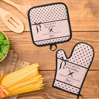 Ensemble De Gant De Cuisine Et De Manique Mignon Chic Féminin Rose Pâle et Noir à pois