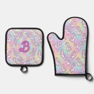Ensemble De Gant De Cuisine Et De Manique Mignon Licorne Kawaii Pastel Magique Arc-en-ciel