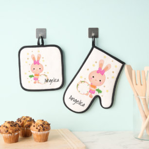 Ensemble De Gant De Cuisine Et De Manique Mignonne, Lapin, pagaie, anniversaire, salutation,