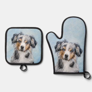 Ensemble De Gant De Cuisine Et De Manique Miniature American Shepherd Peinture MAS Chien Art