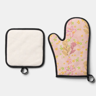 Ensemble De Gant De Cuisine Et De Manique Minimal Floral Doodle Pattern –Pastel Pink pattern